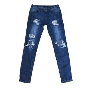 Denim Couture Red Mid Rise Distressed Blue Jeans Size 5 28X29 Skinny Frayed Rock